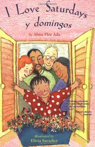 "I love Saturdays y Domingos" book cover with illustrated image of a child opening window shutters with their family behind them